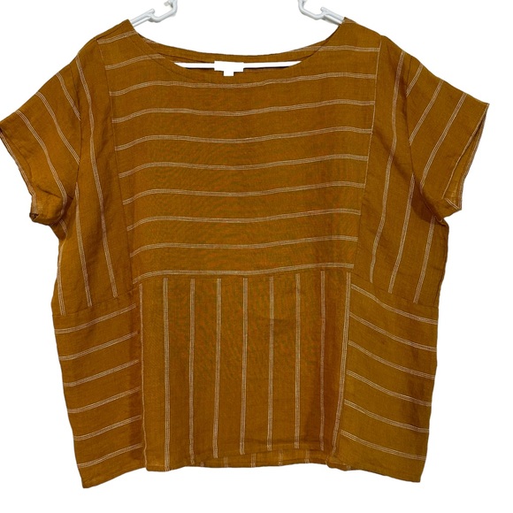 Garnet Hill Mustard Seamed Linen Boxy Top White Stripes - Picture 7 of 10